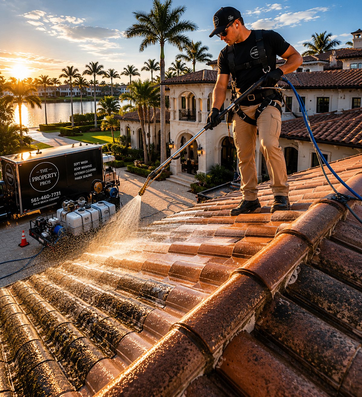 Soft wash roof cleaning Wesley Chapel Tampa Bay Florida tile roof stucco exterior low pressure veteran owned